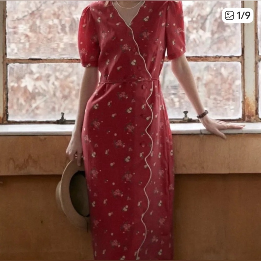Simple Retro Kimura Floral Print Wrap Midi Dress Red